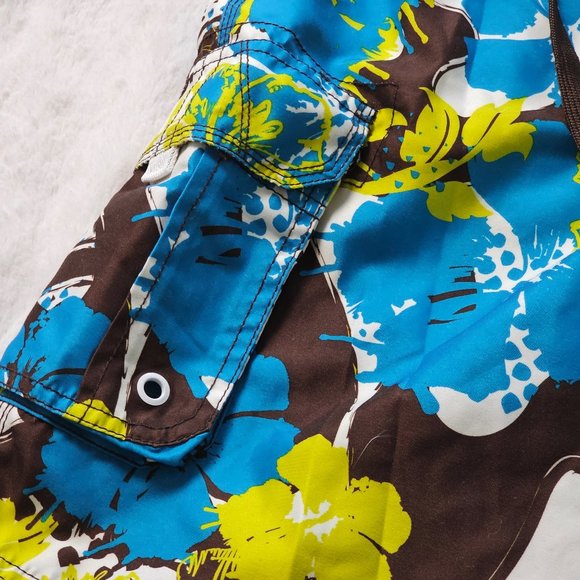 OP Cargo Swim Trunks Hawaiian Hibiscus Print Brown Blue Green M (32/34) - Picture 2 of 6